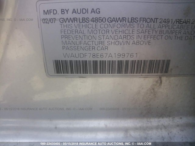 WAUDF78E67A199761 - 2007 AUDI A4 2.0T QUATTRO SILVER photo 9