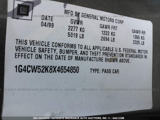 1G4CW52K8X4654850 - 1999 BUICK PARK AVENUE  TAN photo 9