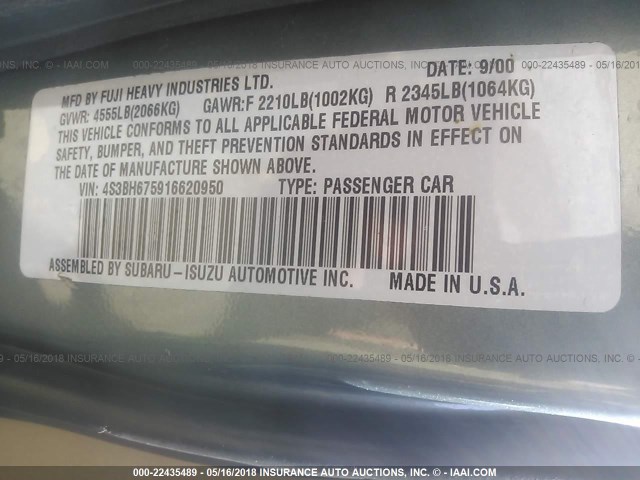 4S3BH675916620950 - 2001 SUBARU LEGACY OUTBACK AWP 绿色 照片 9