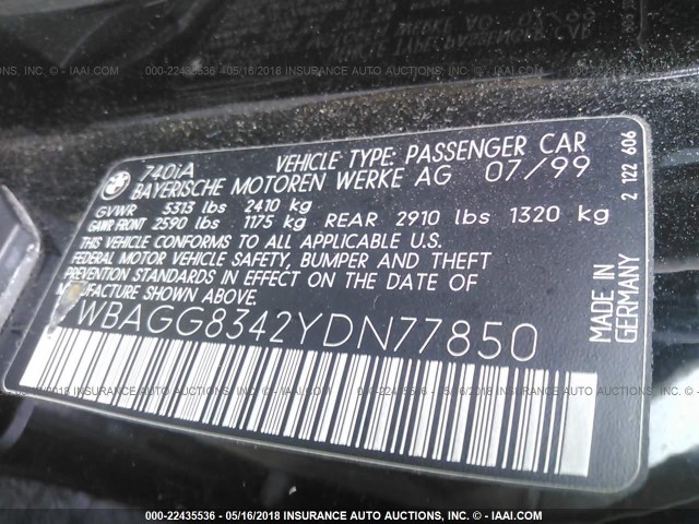 WBAGG8342YDN77850 - 2000 BMW 740 I AUTOMATIC BLACK photo 9