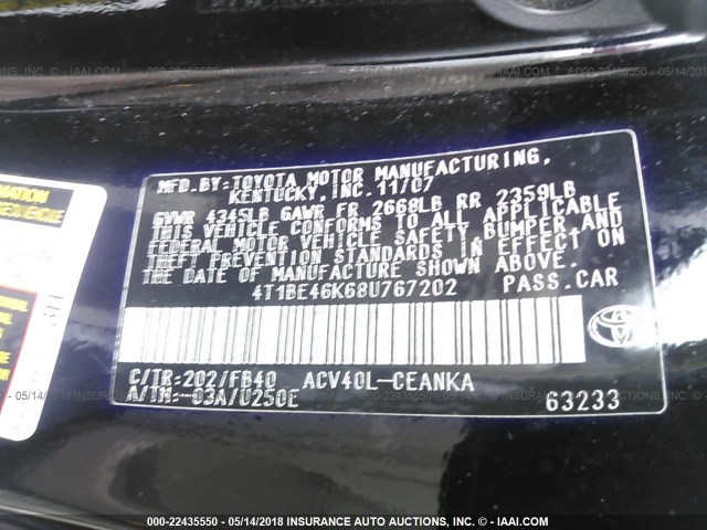 4T1BE46K68U767202 - 2008 TOYOTA CAMRY CE/LE/XLE/SE BLACK photo 9