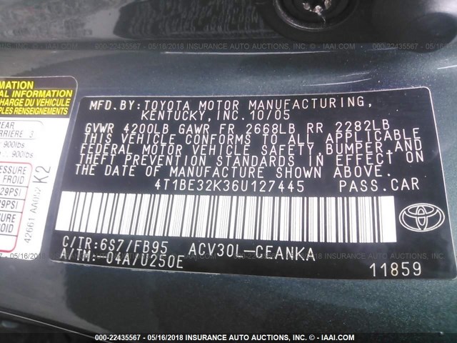 4T1BE32K36U127445 - 2006 TOYOTA CAMRY LE/XLE/SE 绿色 照片 9