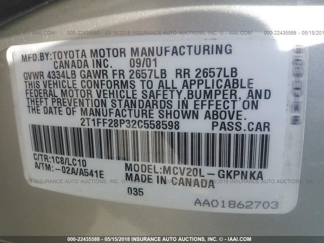 2T1FF28P32C558598 - 2002 TOYOTA CAMRY SOLARA SE/SLE Boz foto 9