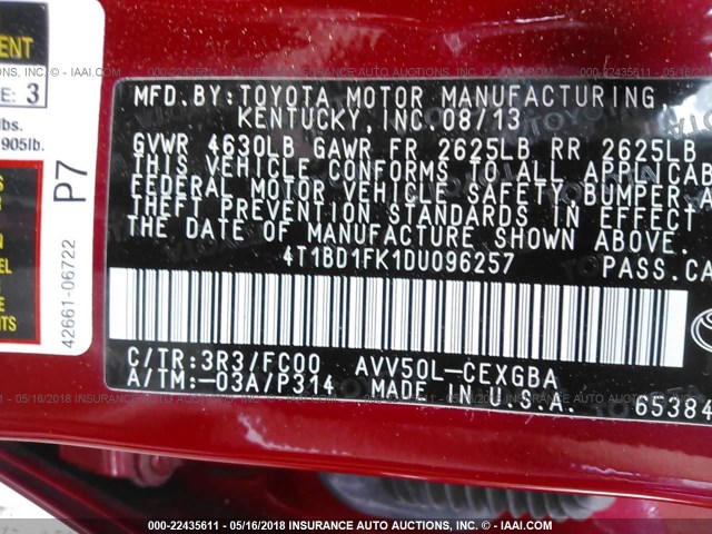 4T1BD1FK1DU096257 - 2013 TOYOTA CAMRY HYBRID/LE/XLE RED photo 9