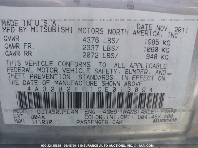 4A32B2FF1CE013094 - 2012 MITSUBISHI GALANT FE SILVER photo 9