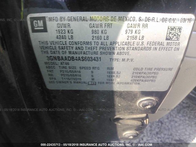 3GNBAADB4AS603431 - 2010 CHEVROLET HHR LS BLACK photo 9