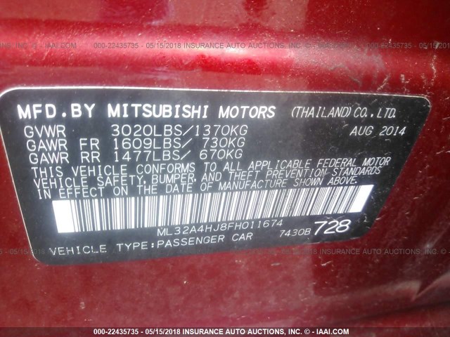 ML32A4HJ8FH011674 - 2015 MITSUBISHI MIRAGE ES RED photo 9