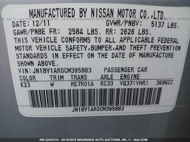 JN1BY1AR0CM395883 - 2012 INFINITI M37 X SILVER photo 9