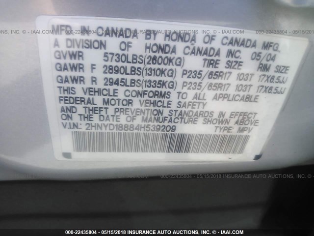 2HNYD18884H539209 - 2004 ACURA MDX TOURING SILVER photo 9