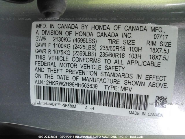 2HKRW2H96HH663639 - 2017 HONDA CR-V TOURING SILVER photo 9