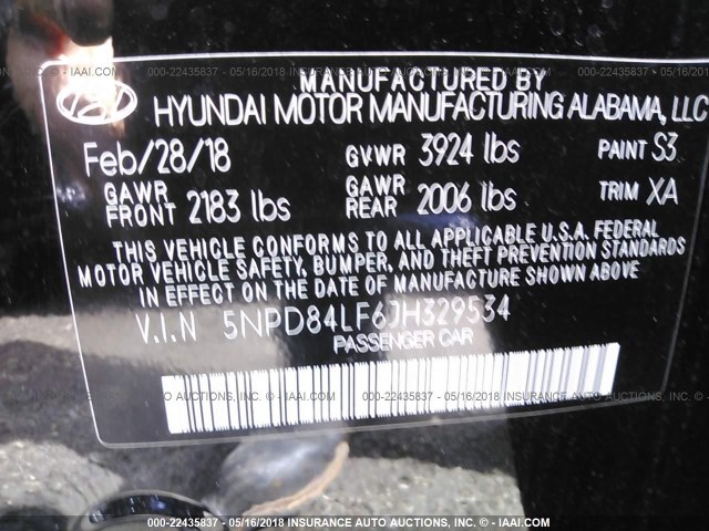 5NPD84LF6JH329534 - 2018 HYUNDAI ELANTRA SEL/VALUE/LIMITED BLACK photo 9