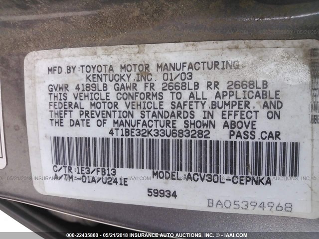 4T1BE32K33U683282 - 2003 TOYOTA CAMRY LE/XLE/SE ნაცრისფერი ფოტო 9