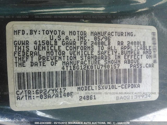 4T1BG12K0TU790157 - 1996 TOYOTA CAMRY DX/LE/XLE GREEN photo 9