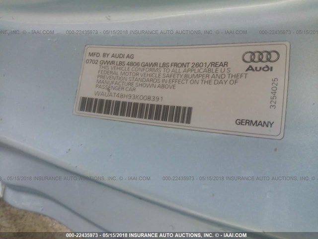 WAUAT48H93K008391 - 2003 AUDI A4 3.0 CABRIOLET Light Blue photo 9