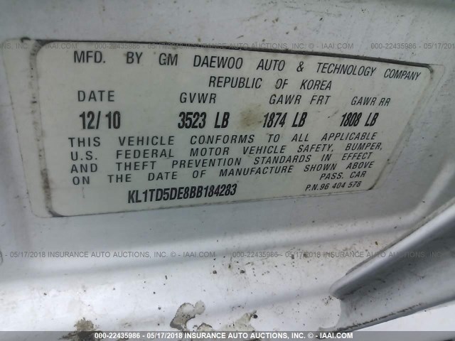 KL1TD5DE8BB184283 - 2011 CHEVROLET AVEO LS/LT 白色 照片 9