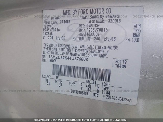 1FMZU67K44UB76808 - 2004 FORD EXPLORER SPORT TR  SILVER photo 9