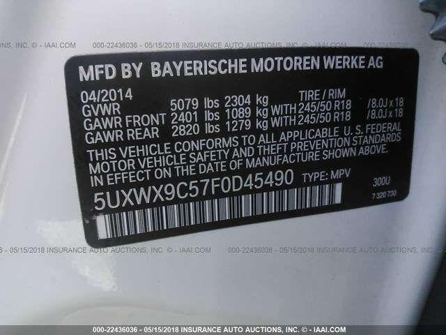 5UXWX9C57F0D45490 - 2015 BMW X3 XDRIVE28I WHITE photo 9