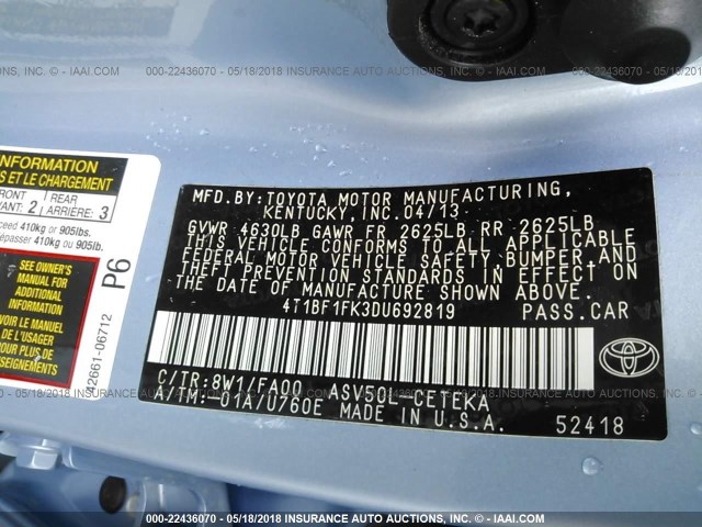 4T1BF1FK3DU692819 - 2013 TOYOTA CAMRY L/SE/LE/XLE 蓝色 照片 9