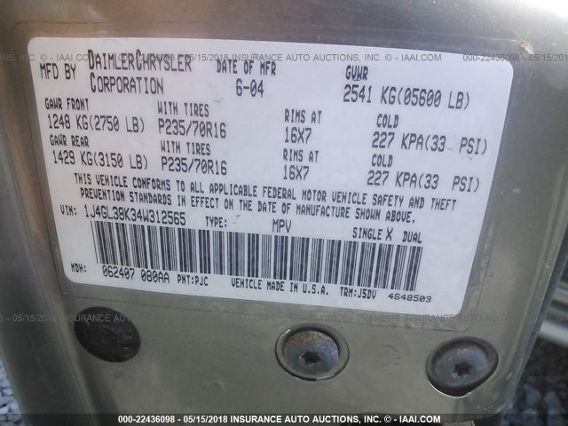 1J4GL38K34W312565 - 2004 JEEP LIBERTY RENEGADE Champagne photo 9