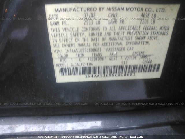 1N4AA51E99C808681 - 2009 NISSAN MAXIMA S/SV GRAY photo 9