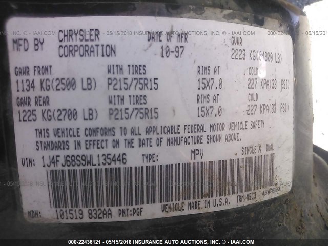 1J4FJ68S9WL135446 - 1998 JEEP CHEROKEE SPORT/CLASSIC მწვანე ფოტო 9