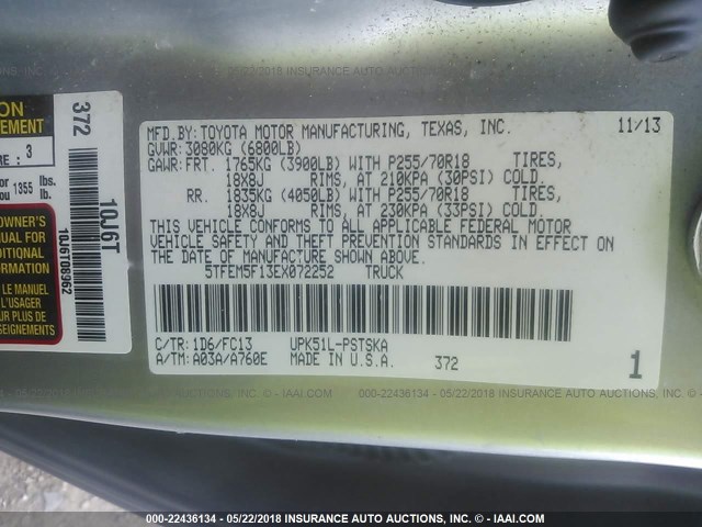 5TFEM5F13EX072252 - 2014 TOYOTA TUNDRA CREWMAX SR5 SILVER photo 9