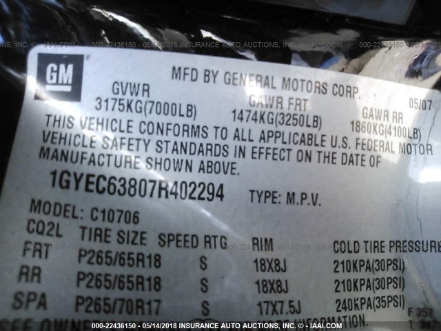 1GYEC63807R402294 - 2007 CADILLAC ESCALADE LUXURY შავი ფოტო 9