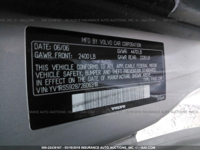 YV1RS592872606318 - 2007 VOLVO S60 2.5T SILVER photo 9