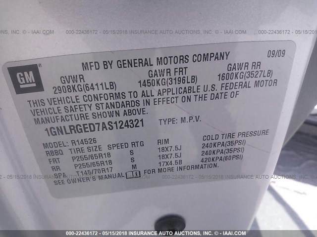 1GNLRGED7AS124321 - 2010 CHEVROLET TRAVERSE LT SILVER photo 9
