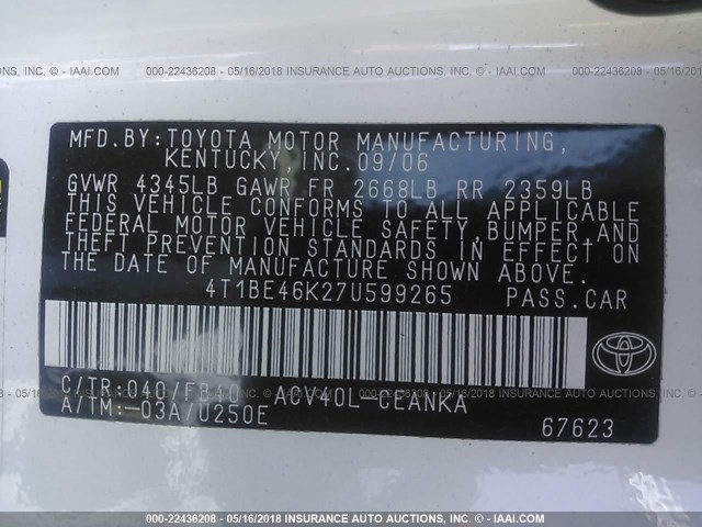 4T1BE46K27U599265 - 2007 TOYOTA CAMRY NEW GENERAT CE/LE/XLE/SE WHITE photo 9