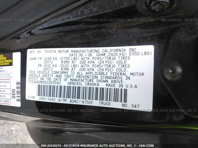 5TEUU42N36Z283542 - 2006 TOYOTA TACOMA ACCESS CAB Schwarz Foto 9