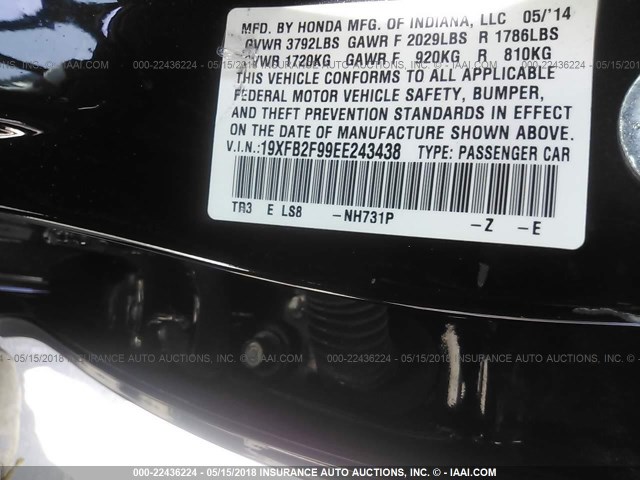 19XFB2F99EE243438 - 2014 HONDA CIVIC EXL შავი ფოტო 9