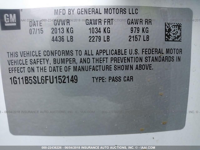1G11B5SL6FU152149 - 2015 CHEVROLET MALIBU LS WHITE photo 9