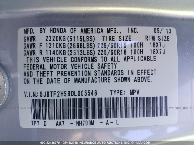 5J6TF2H58DL005548 - 2013 HONDA CROSSTOUR EXL ნაცრისფერი ფოტო 9