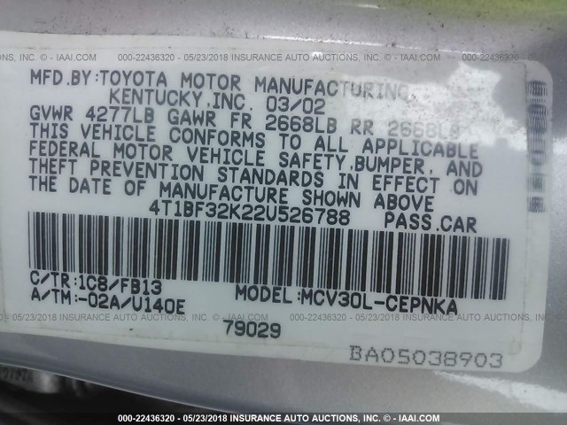 4T1BF32K22U526788 - 2002 TOYOTA CAMRY LE/XLE/SE ვერცხლისფერი ფოტო 9