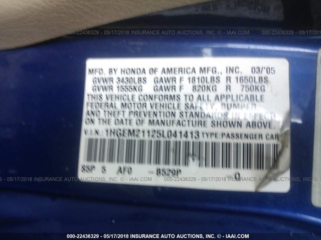 1HGEM21125L041413 - 2005 HONDA CIVIC DX VP BLUE photo 9