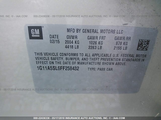 1G11A5SL6FF258432 - 2015 CHEVROLET MALIBU LS 金色 照片 9