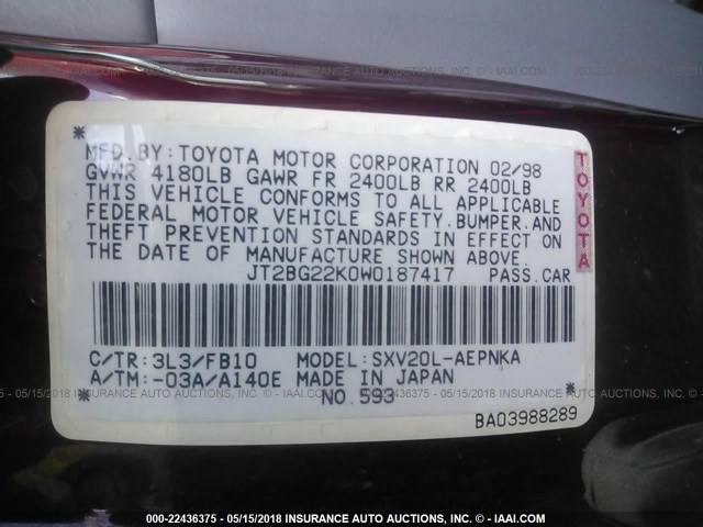 JT2BG22K0W0187417 - 1998 TOYOTA CAMRY CE/LE/XLE 红色 照片 9