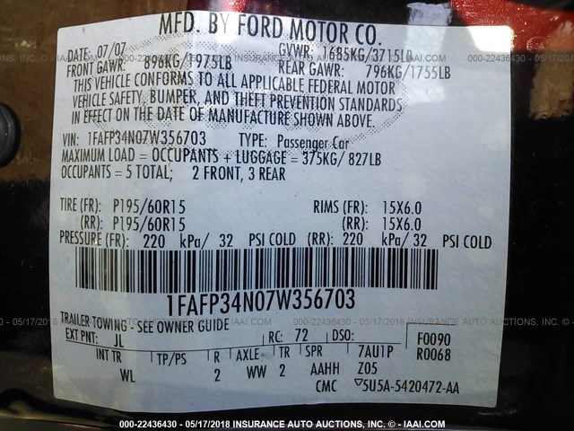 1FAFP34N07W356703 - 2007 FORD FOCUS ZX4/S/SE/SES 勃艮第红 照片 9