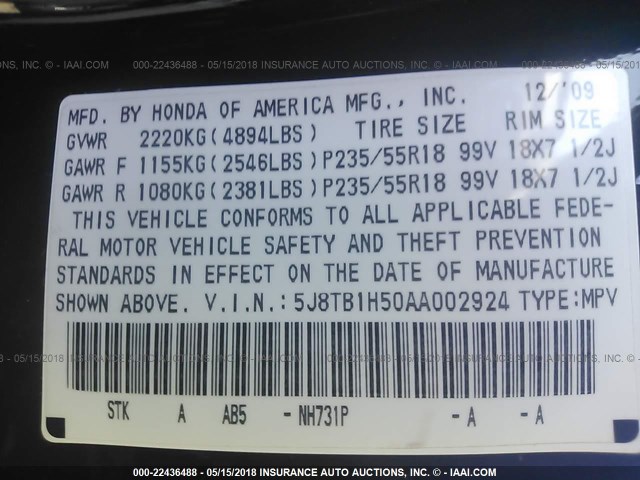 5J8TB1H50AA002924 - 2010 ACURA RDX TECHNOLOGY BLACK photo 9