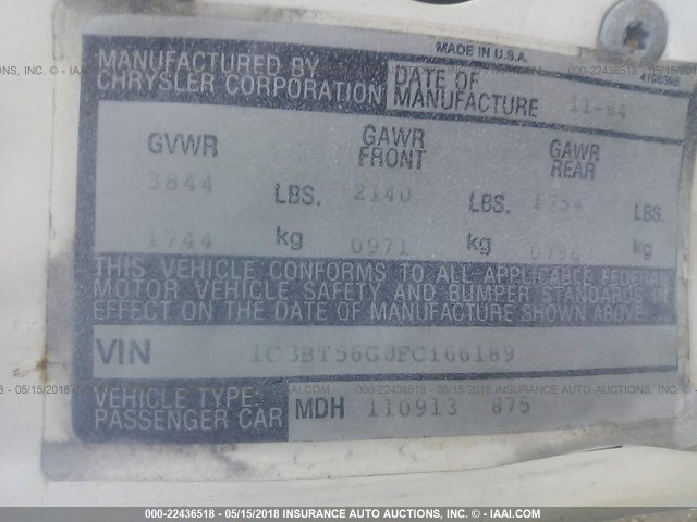 1C3BT56G0FC166189 - 1985 CHRYSLER NEW YORKER 白色 照片 9