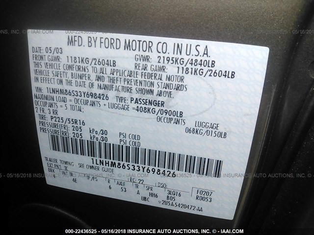 1LNHM86S33Y698426 - 2003 LINCOLN LS Boz foto 9