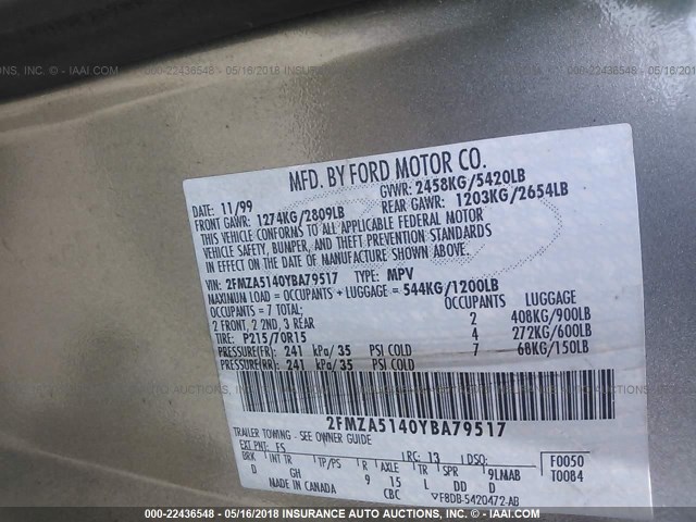 2FMZA5140YBA79517 - 2000 FORD WINDSTAR LX GREEN photo 9