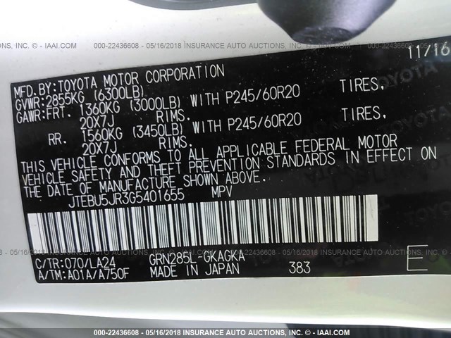 JTEBU5JR3G5401655 - 2016 TOYOTA 4RUNNER SR5 PREM/LTDL/TRAIL/TRD თეთრი ფოტო 9