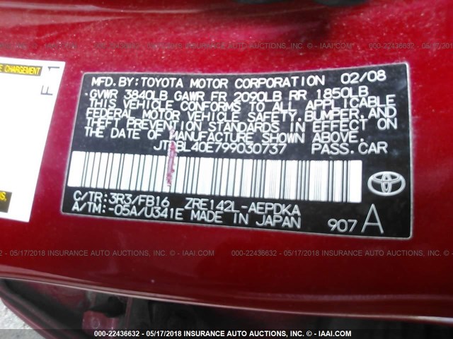 JTDBL40E799030737 - 2009 TOYOTA COROLLA LE/XLE RED photo 9