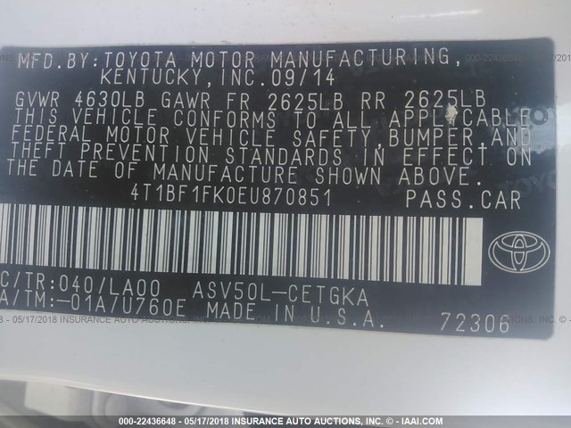 4T1BF1FK0EU870851 - 2014 TOYOTA CAMRY L/SE/LE/XLE 白色 照片 9