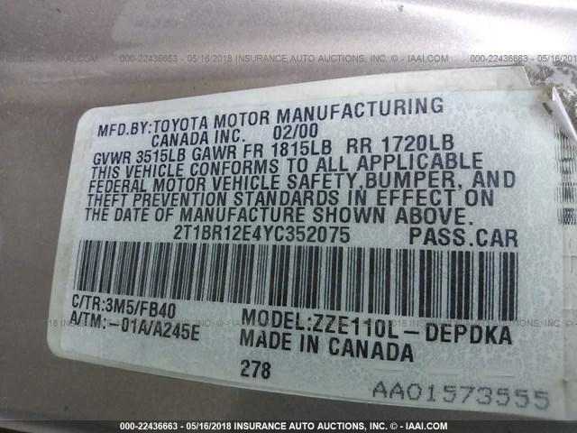 2T1BR12E4YC352075 - 2000 TOYOTA COROLLA VE/CE/LE 金色 照片 9