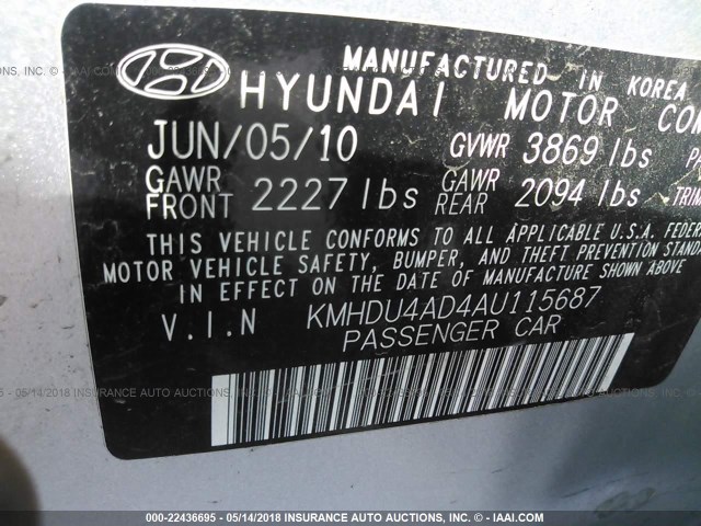 KMHDU4AD4AU115687 - 2010 HYUNDAI ELANTRA BLUE/GLS/SE SILVER photo 9