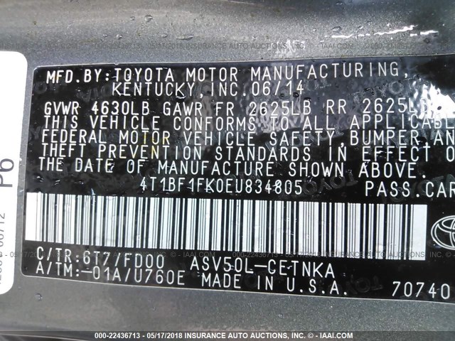 4T1BF1FK0EU834805 - 2014 TOYOTA CAMRY L/SE/LE/XLE 绿色 照片 9