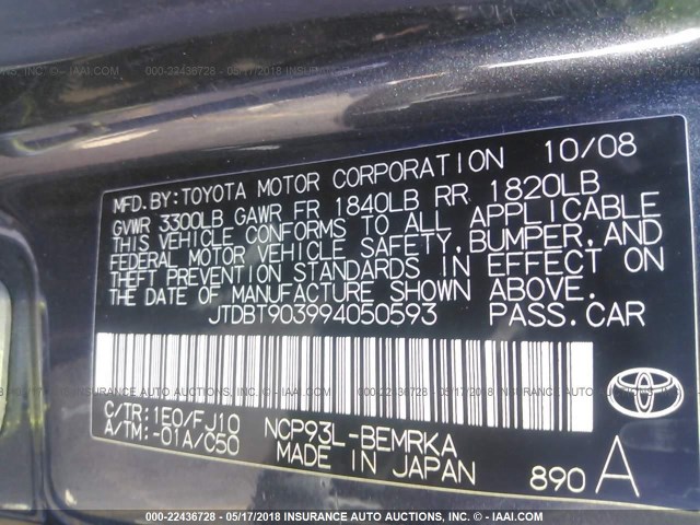 JTDBT903994050593 - 2009 TOYOTA YARIS GRAY photo 9